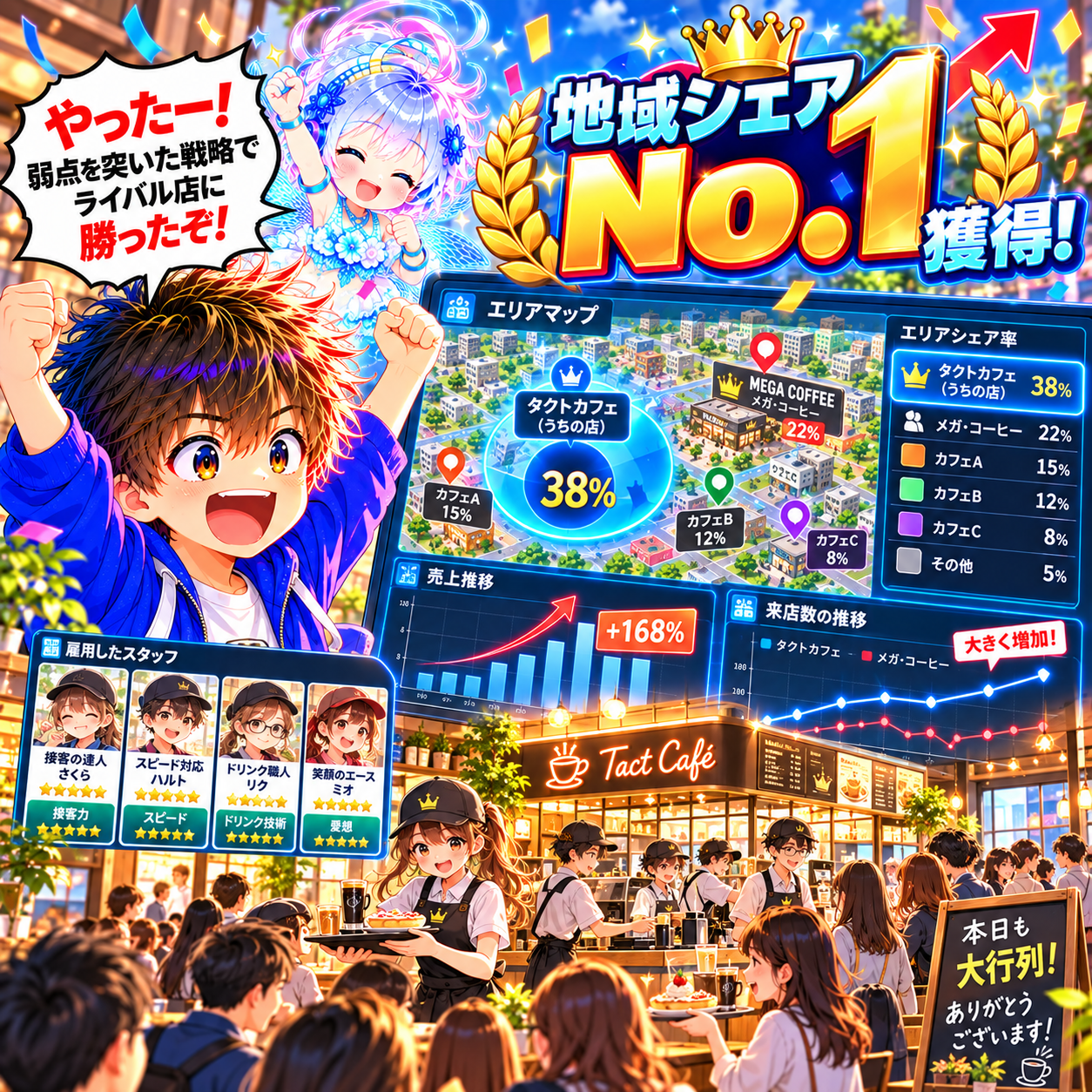 コマ57: やったー！弱点を突いた戦略で地域シェアNo.1（38%）を獲得！ライバルに勝ったぞ！