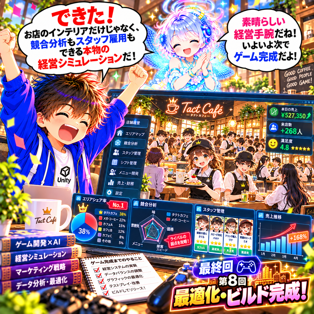 コマ58: できた！競合分析もスタッフ雇用もできる本物の経営シミュレーションだ！最終回 第8回 最適化・ビルド