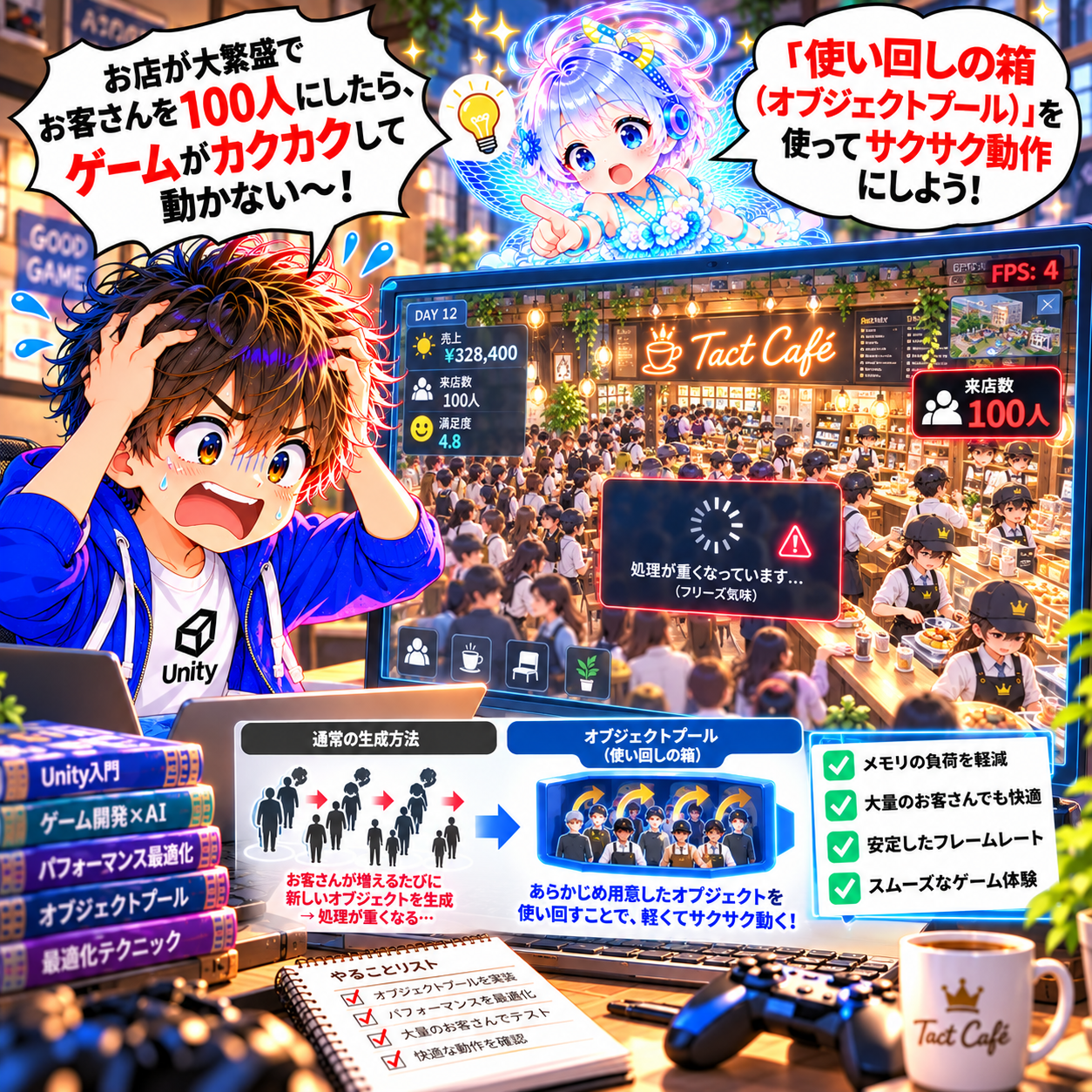 コマ59: お客さんを100人にしたらゲームがカクカクして動かない〜！使い回しの箱（オブジェクトプール）を使おう！