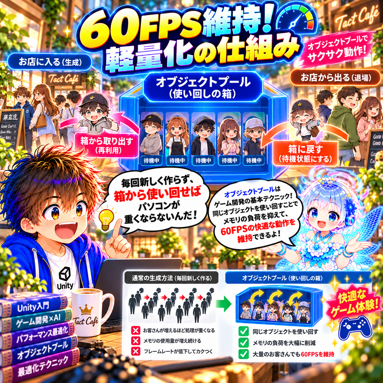 コマ60: 60FPS維持！軽量化の仕組み！オブジェクトプールで同じオブジェクトを再利用して動作サクサク！