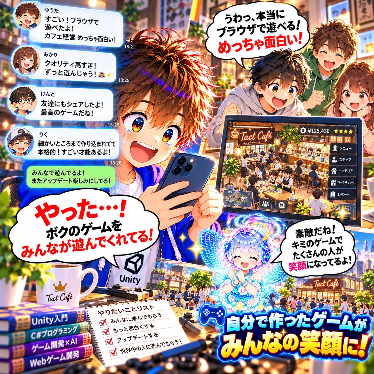 コマ63: うわっ本当にブラウザで遊べる！友達から『クオリティ高すぎ！』とメッセージ！自分が作ったゲームがみんなの笑顔に！