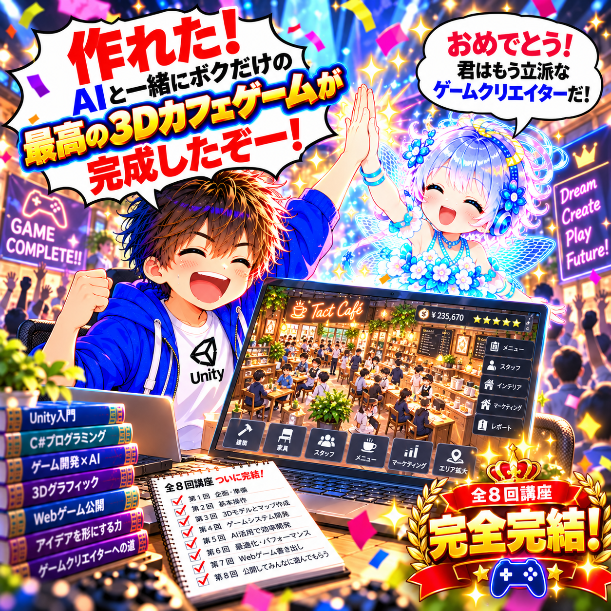 コマ64: 作れた！AIと一緒にボクだけの最高の3Dカフェゲームが完成したぞー！おめでとう！君はもう立派なゲームクリエイターだ！全8回講座 完全完結！