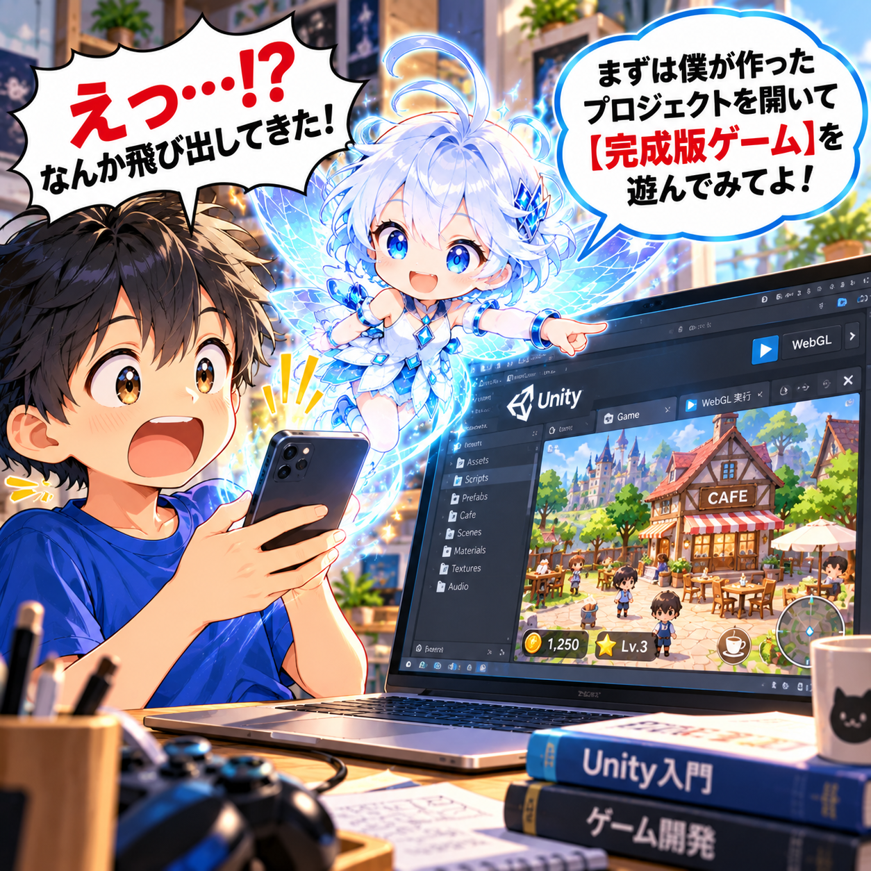 コマ7: えつ…！？まずはボクが作った完成版ゲームを遊んでみてよ！