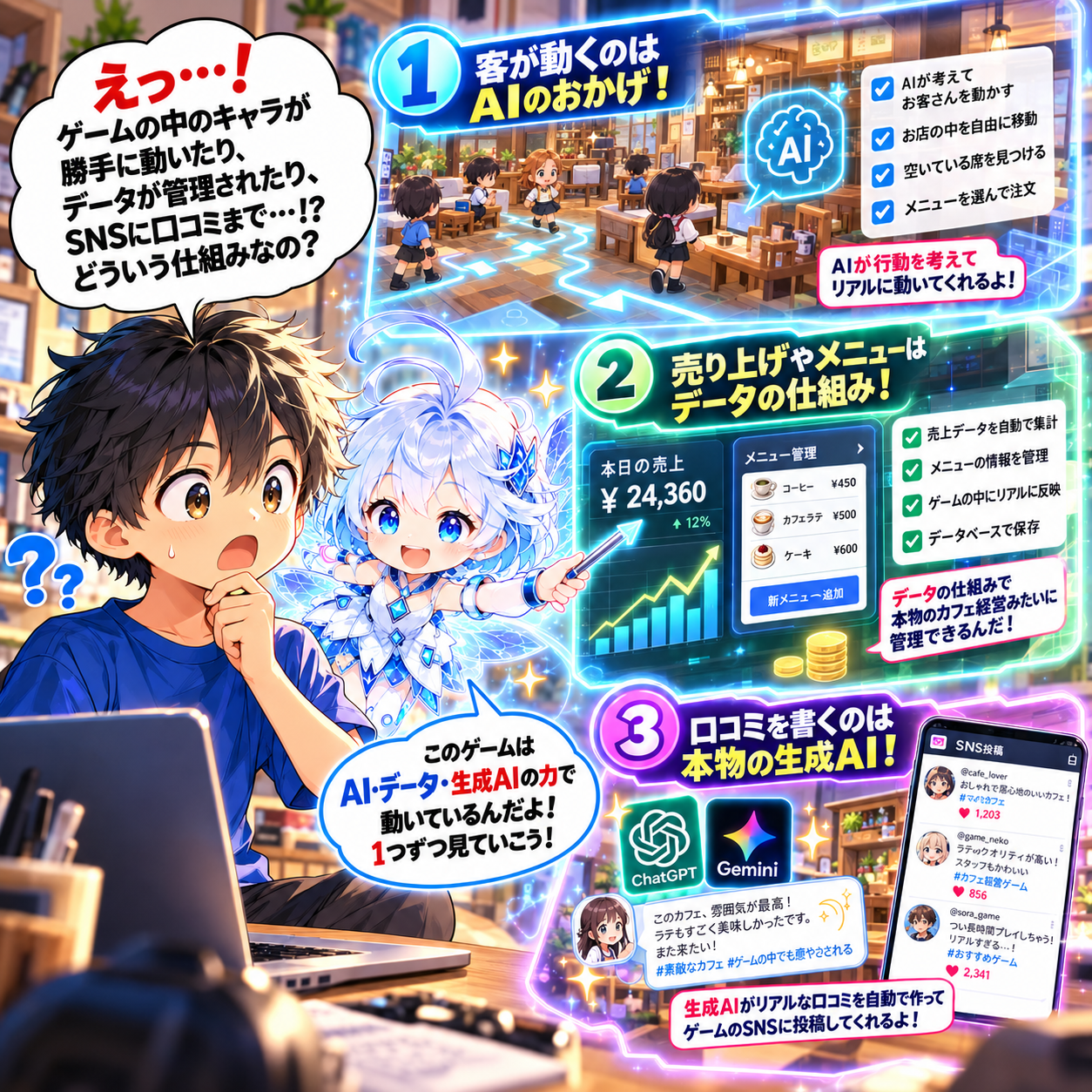 コマ9: ゲームの中のキャラが勝手に動いたりSNSに口コミまで…！？どういう仕組みなの？