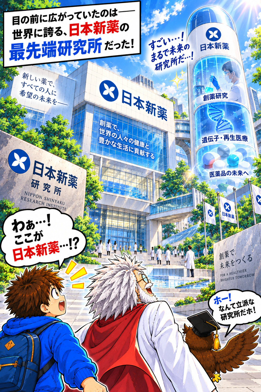 コマ2: 日本新薬の最先端研究所へ到着