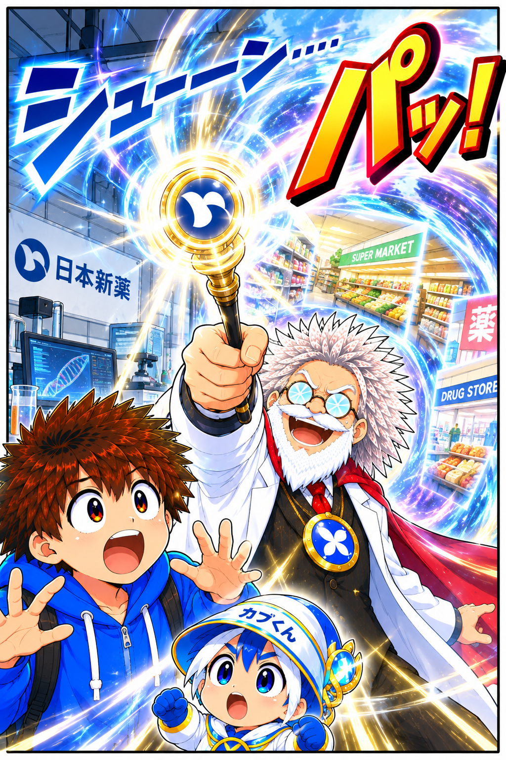 コマ1: スーパーマーケットやドラッグストアへ到着！