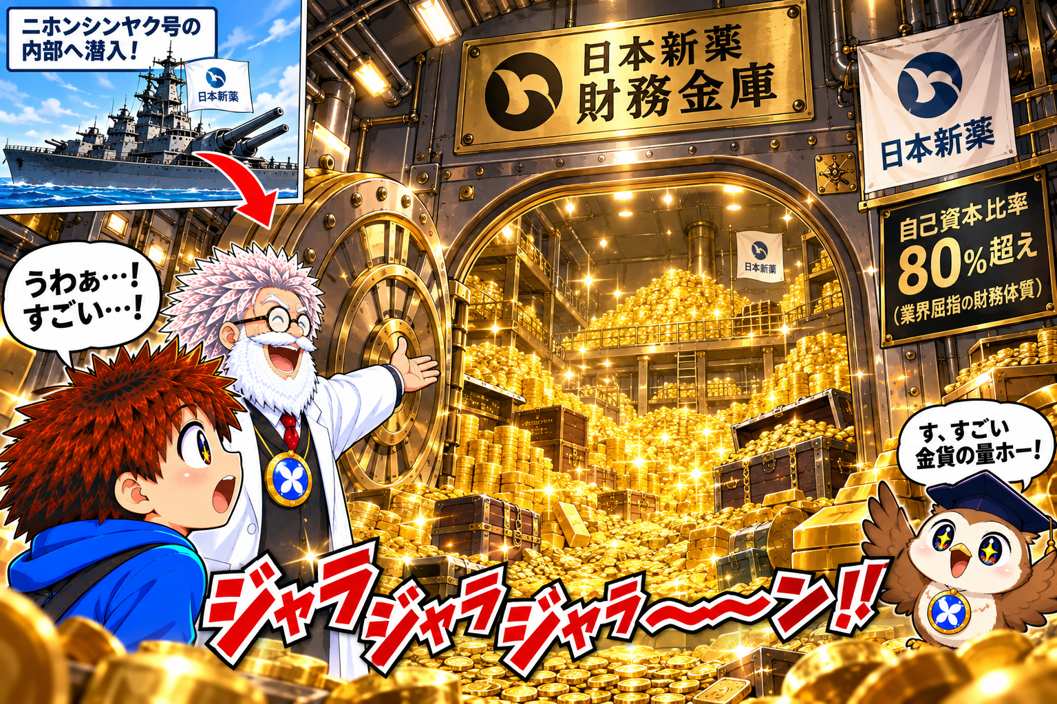 コマ15: ニホンシンヤク号の財務金庫！ジャラジャラ溢れる金貨の山