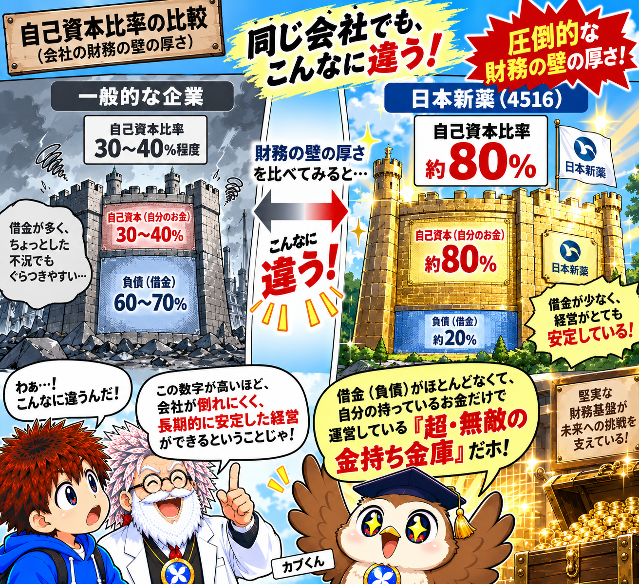 コマ18: 1.世界的新薬 2.機能食品 3.強固な財務！完璧に見える姿