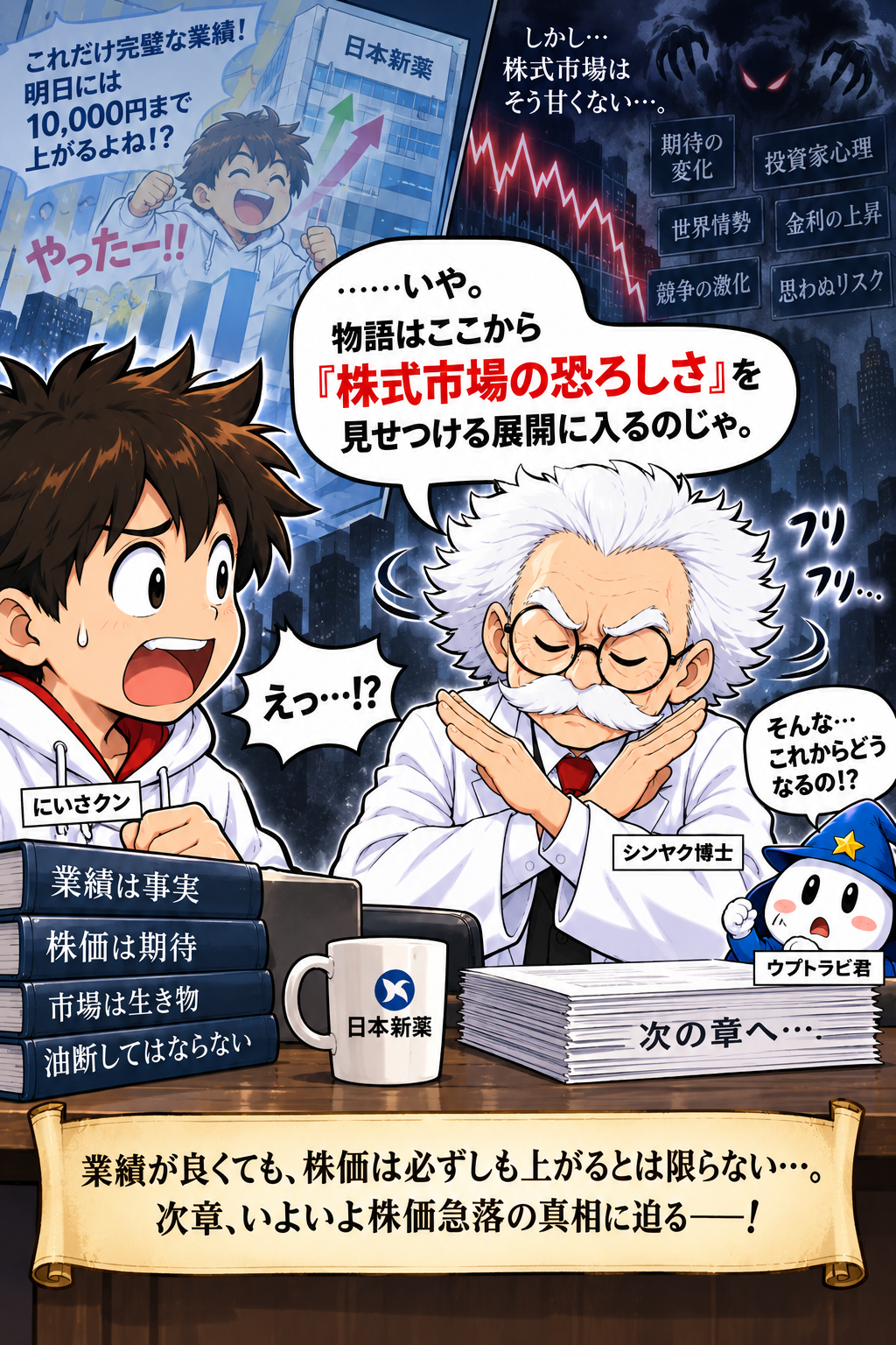 コマ22: 業績は最高益レベルを維持しているのに株価だけ急降下！？
