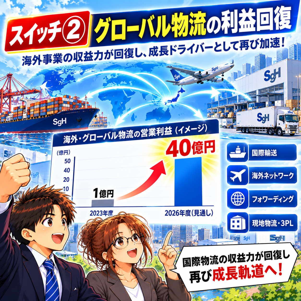 コマ101: スイッチ② グローバル物流の利益回復（営業利益1億円→40億円見通し）