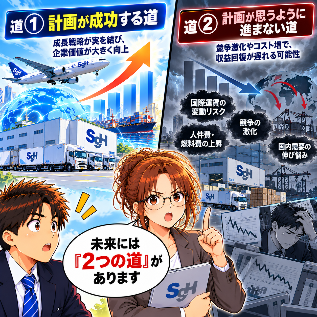 コマ105: 未来には『2つの道』があります（道①計画成功 vs 道②遅延）