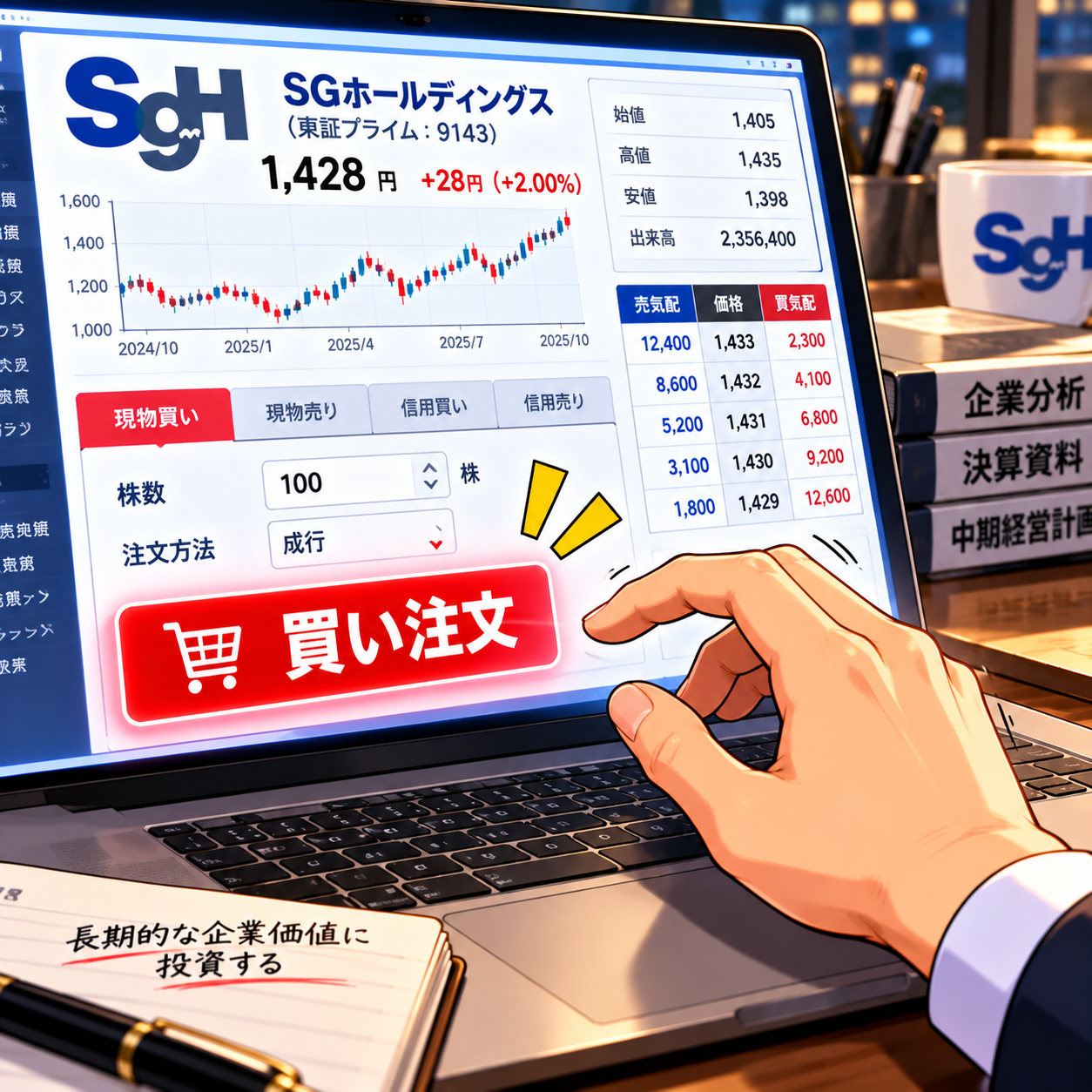 コマ111: パソコン画面で「買い注文」ボタンを押す手。長期的な企業価値に投資する