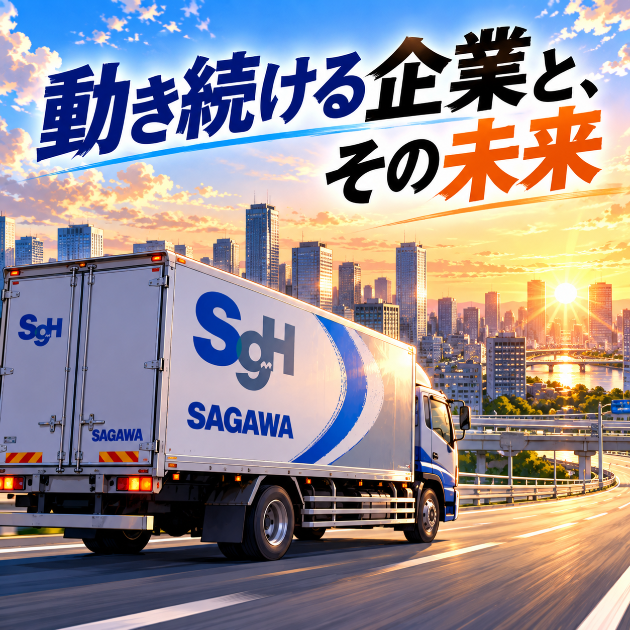 コマ115: 動き続ける企業と、その未来（夕日の中を走る佐川急便トラック）