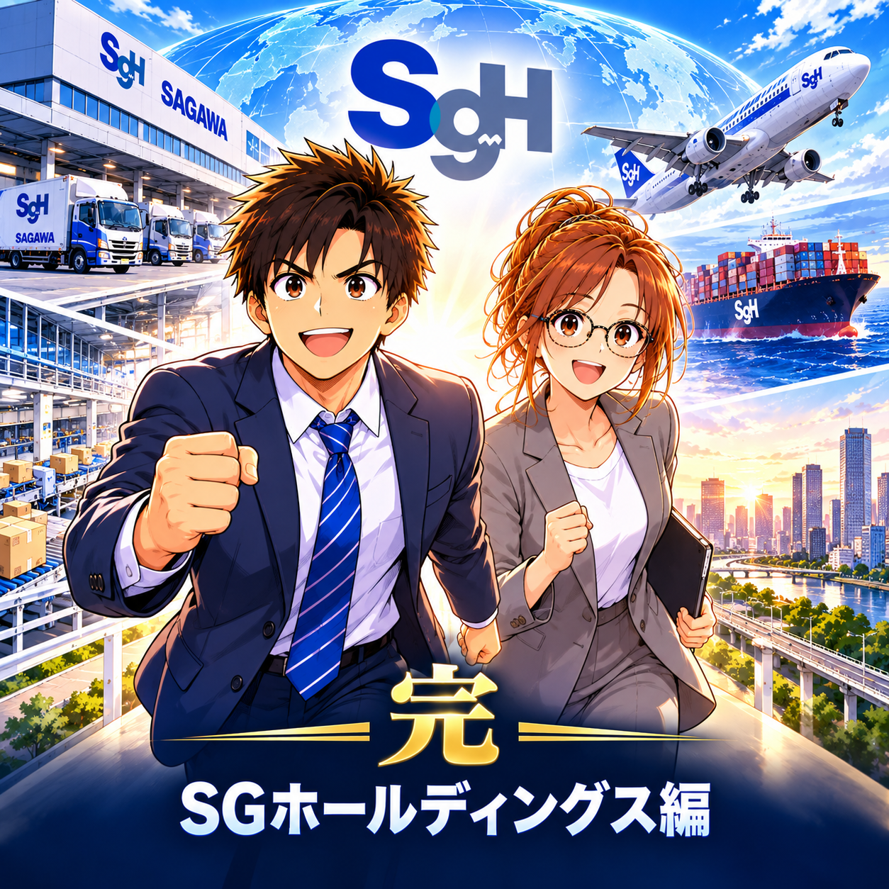 コマ117: 朝日に向かって笑顔で走る主人公とアナリスト。完 SGホールディングス編