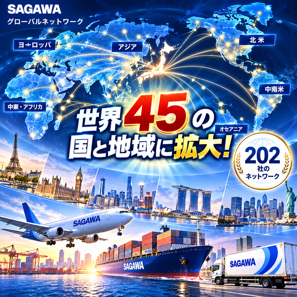 コマ15: グローバルネットワーク 世界45の国と地域・202社のネットワークへ拡大
