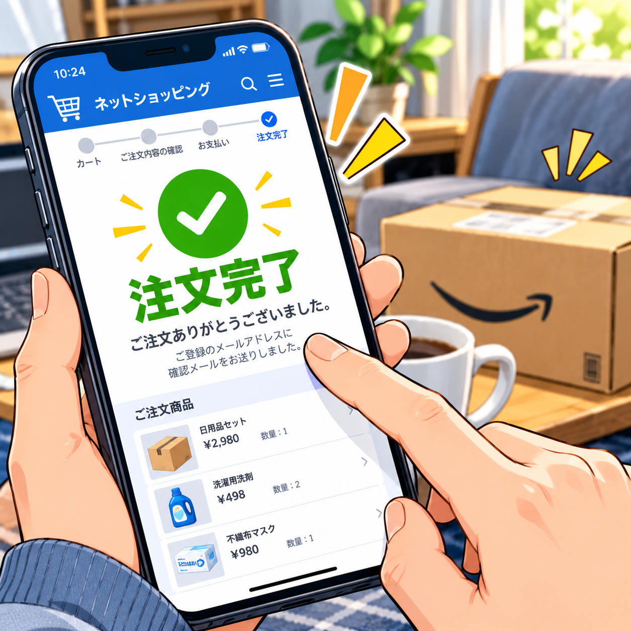 コマ25: スマホでネットショッピングの注文完了画面