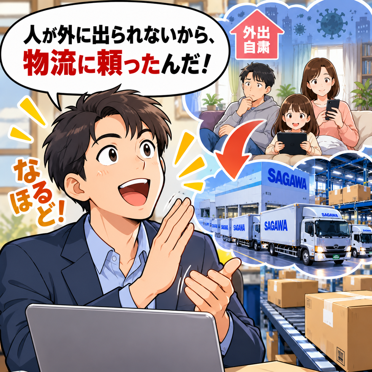 コマ28: 人が外に出られないから、物流に頼ったんだ！なるほど！