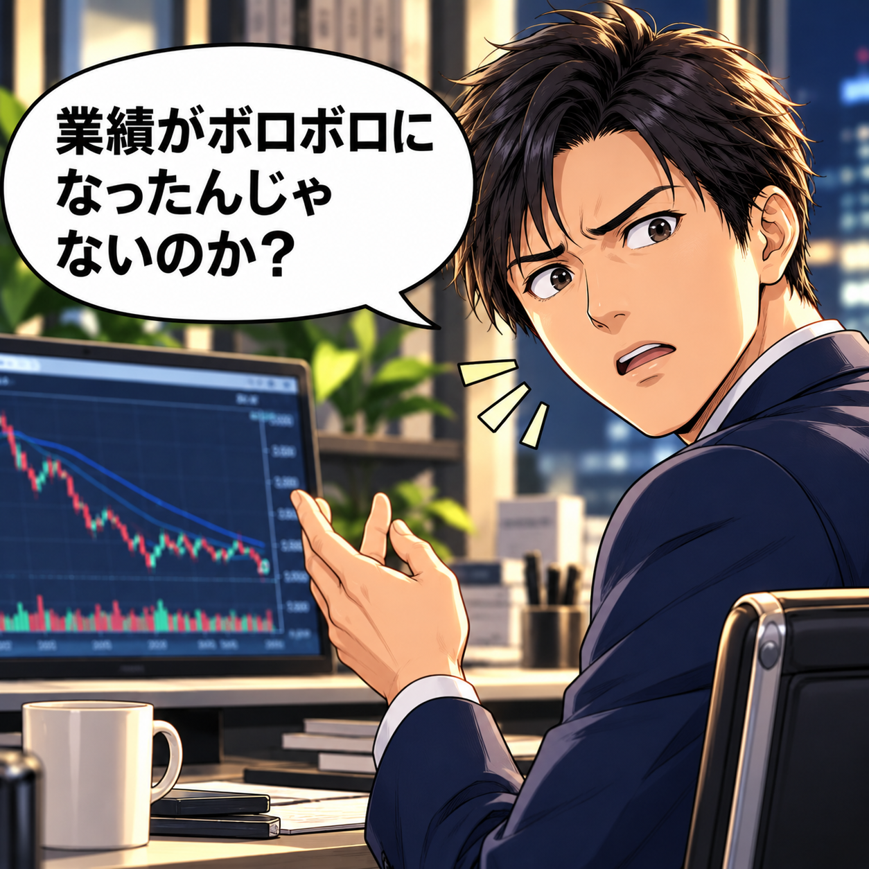 コマ3: 業績がボロボロになったんじゃないのか？と問いかける