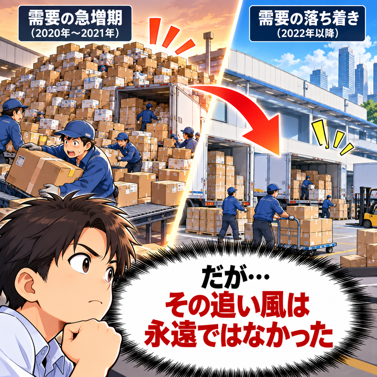 コマ36: だが…その追い風は永遠ではなかった（需要急増期から落ち着きへ）
