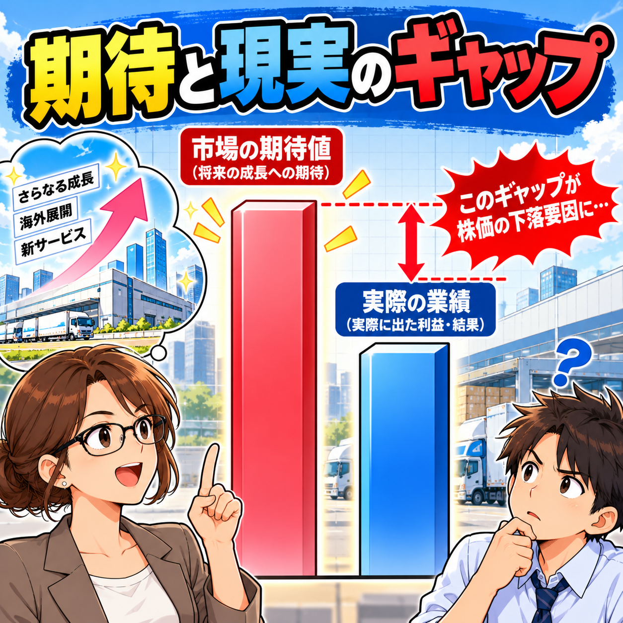 コマ41: 期待と現実のギャップ（市場の期待値と実際の業績の離れていく図）