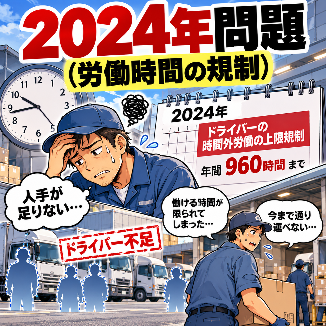 コマ47: 2024年問題（労働時間の規制：年間960時間上限とドライバー不足）