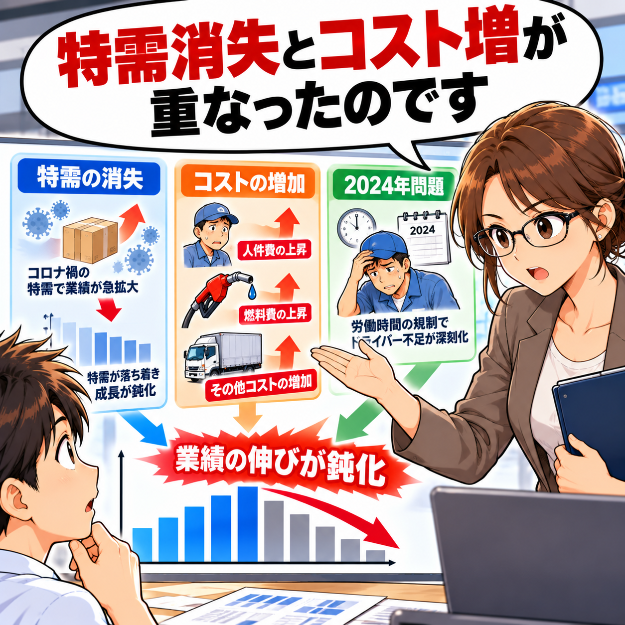 コマ48: 特需消失とコスト増が重なったのです（業績の伸びが鈍化）