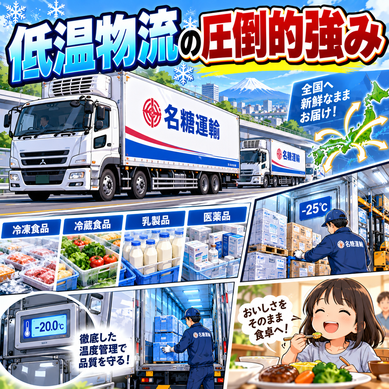 コマ54: 低温物流の圧倒的強み（名糖運輸のトラックと徹底管理）