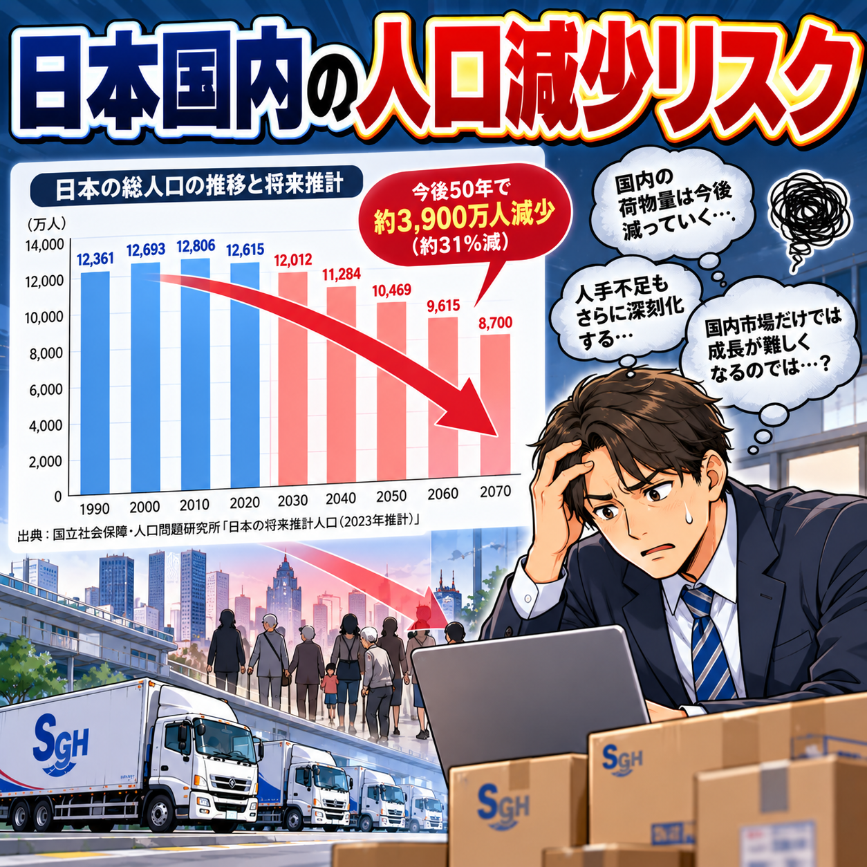 コマ57: 日本国内の人口減少リスク（今後50年で約3,900万人減少）