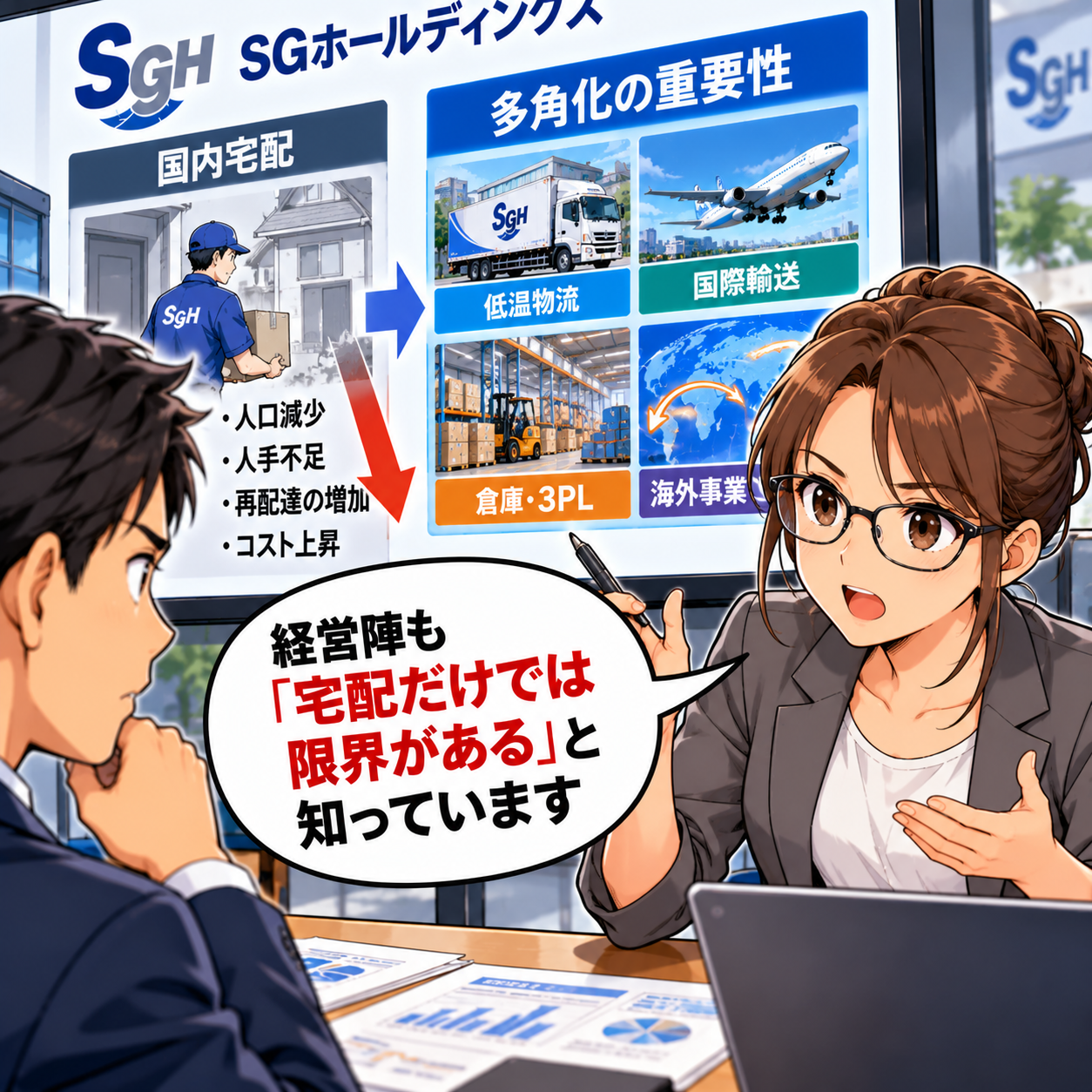コマ58: 経営陣も『宅配だけでは限界がある』と知っています（多角化の重要性）