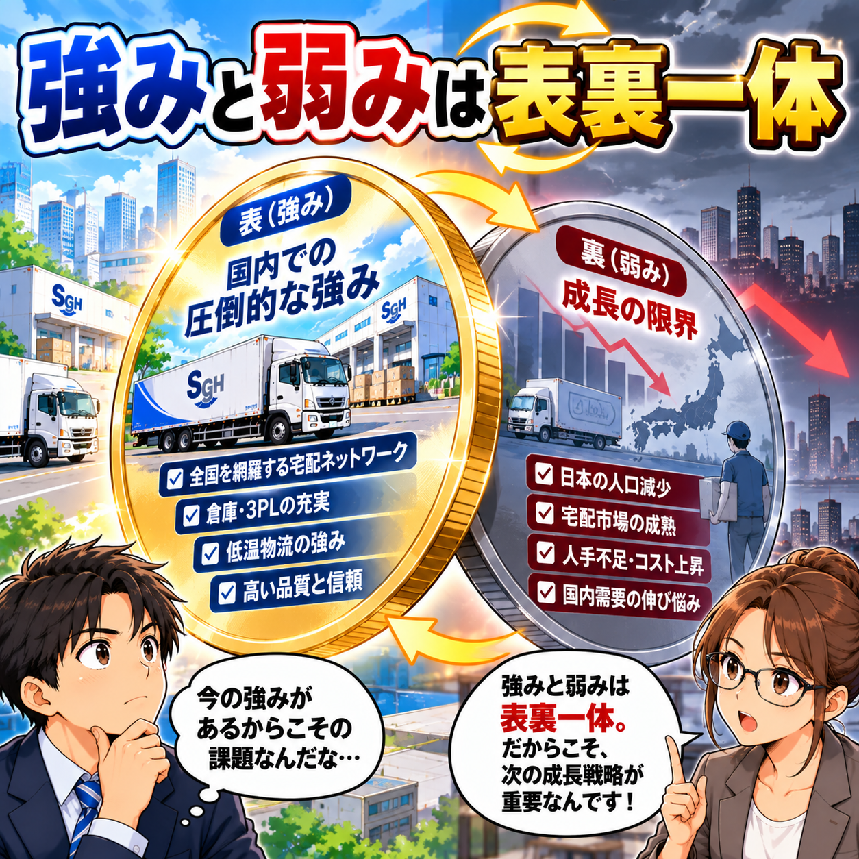 コマ60: 強みと弱みは表裏一体！表（強み）と裏（弱み・課題）