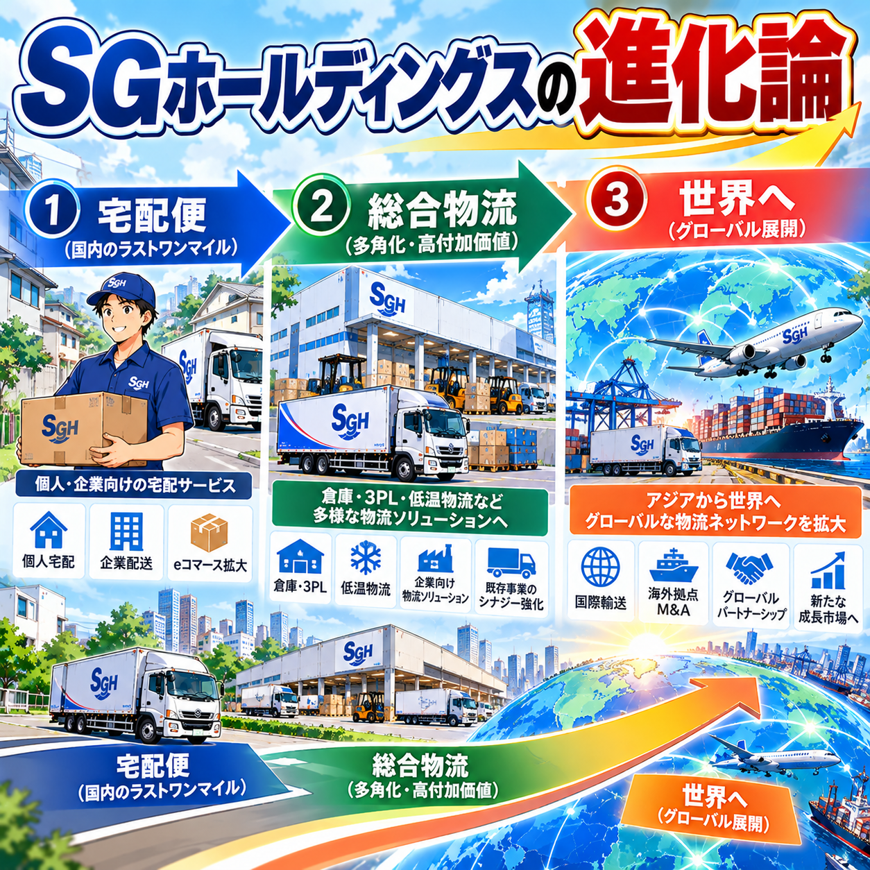 コマ61: SGホールディングスの進化論（1.宅配便 → 2.総合物流 → 3.世界へ）