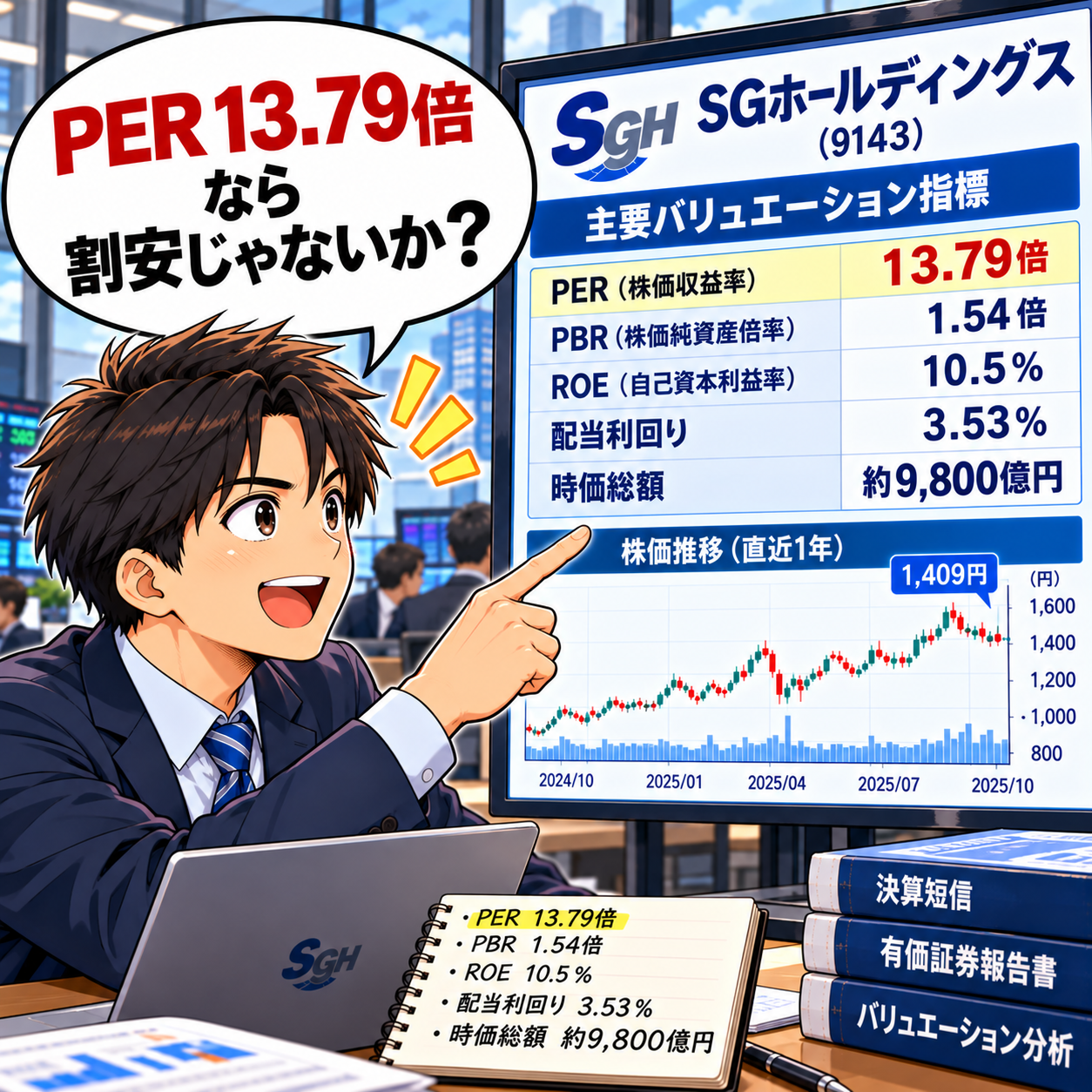 コマ64: PER 13.79倍なら割安じゃないか？とノートに書く主人公