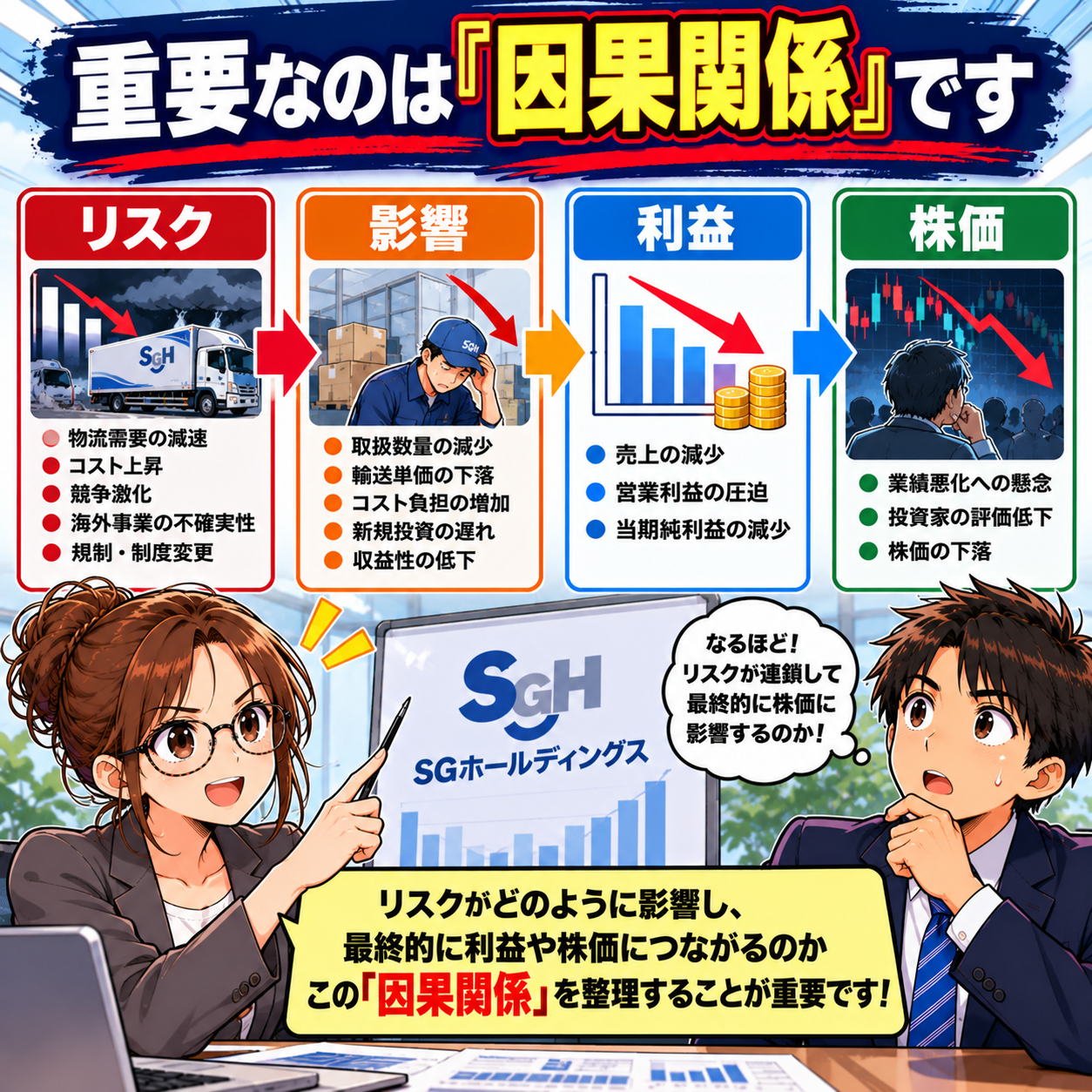 コマ80: 重要なのは『因果関係』です（リスク → 影響 → 利益 → 株価）