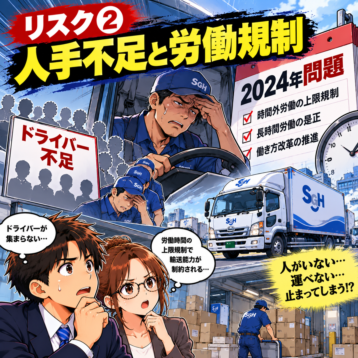 コマ84: リスク② 人手不足と労働規制（2024年問題：時間外上限年間960時間）