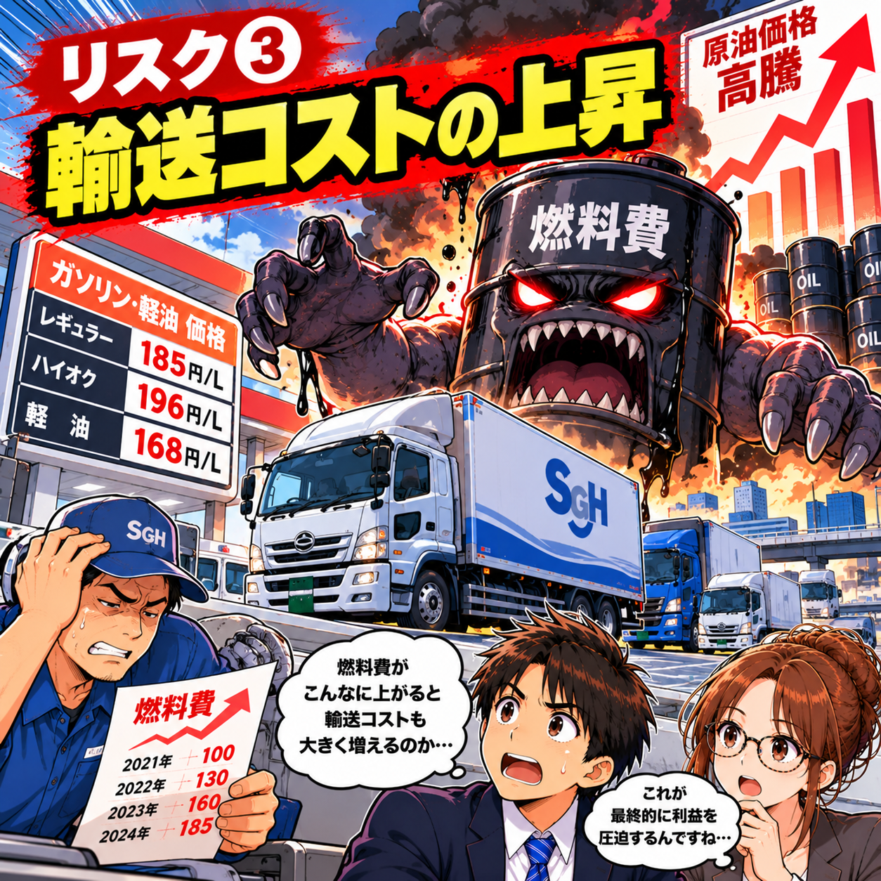 コマ85: リスク③ 輸送コストの上昇（燃料費・ガソリン・軽油価格高騰）