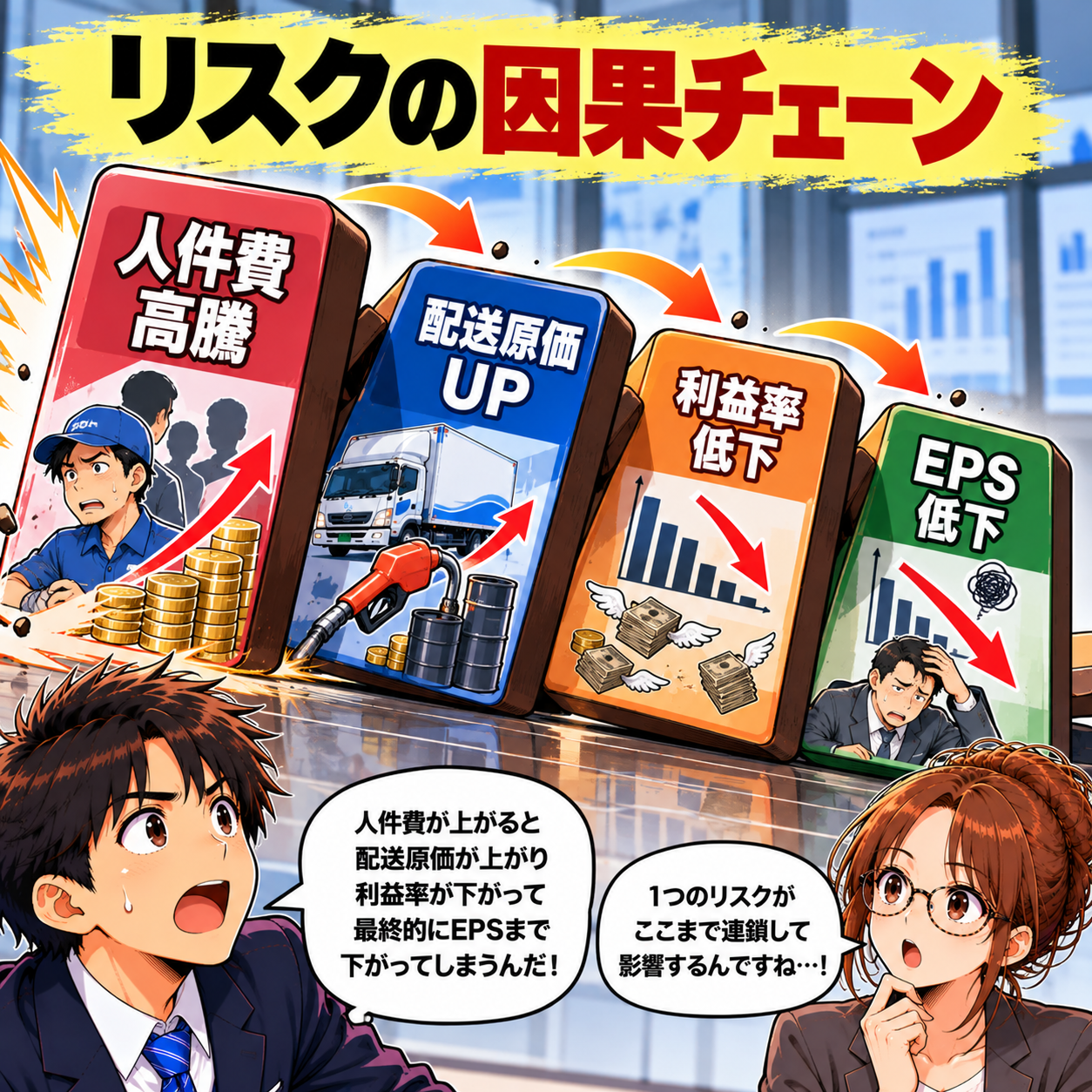 コマ86: リスクの因果チェーン（人件費高騰→配送原価UP→利益率低下→EPS低下）