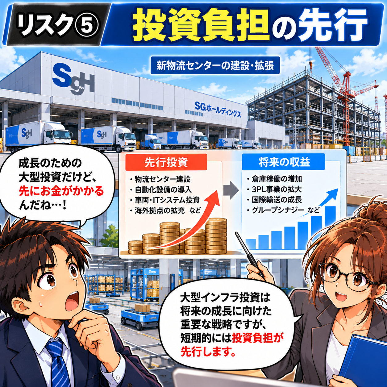 コマ90: リスク⑤ 投資負担の先行（新物流センター建設や自動化設備への先行投資）
