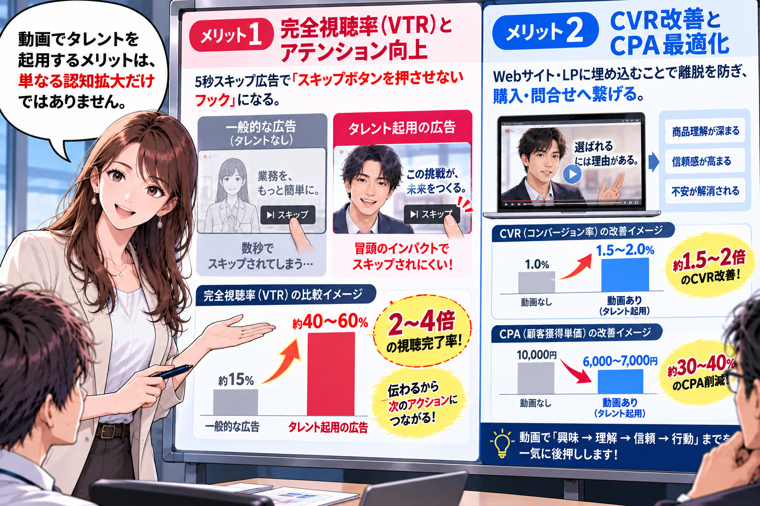 メリット1：完全視聴率(VTR)向上、メリット2：CVR改善とCPA最適化