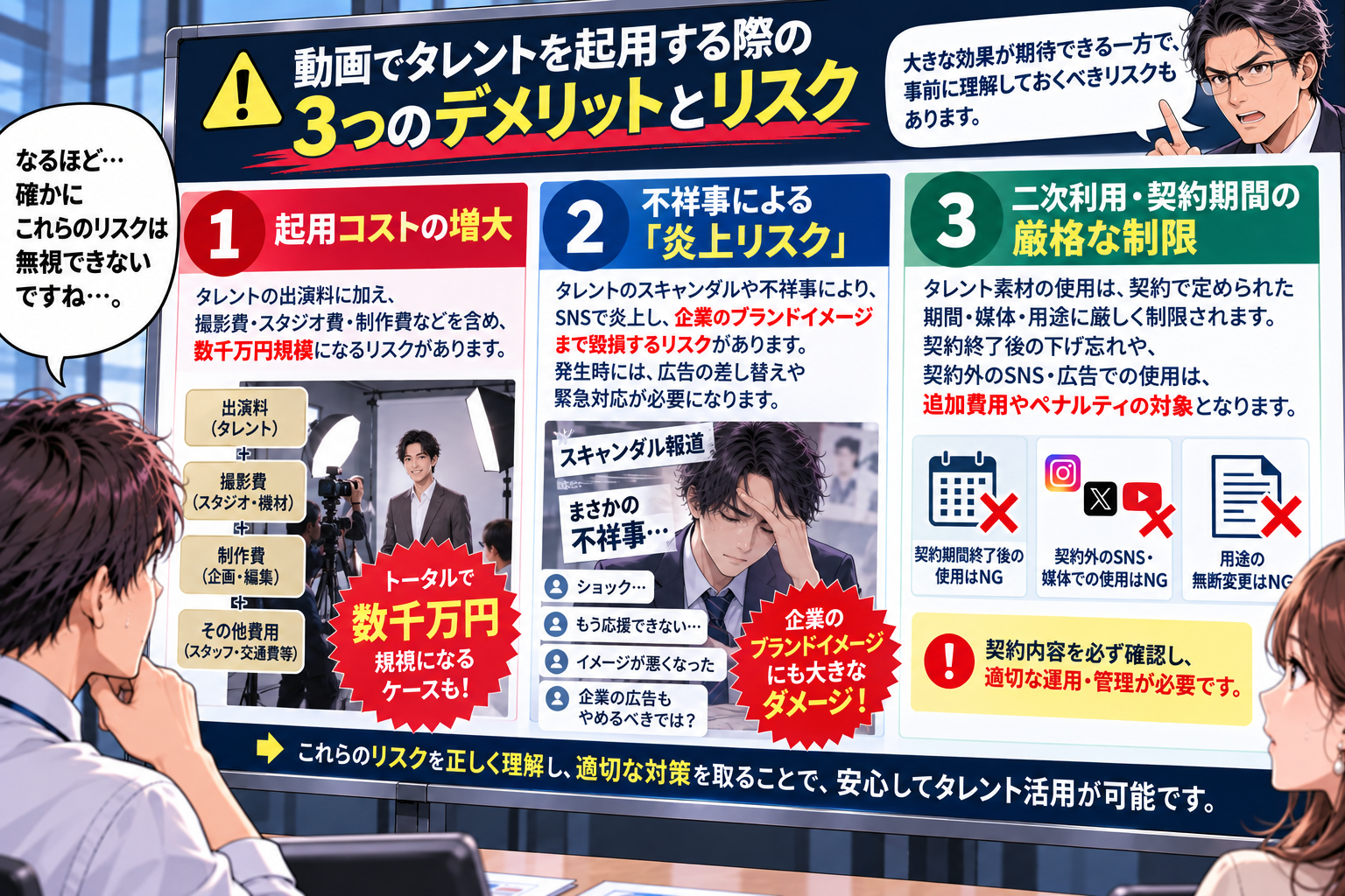 1：起用コスト増大、2：不祥事炎上、3：二次利用・契約期間の制限