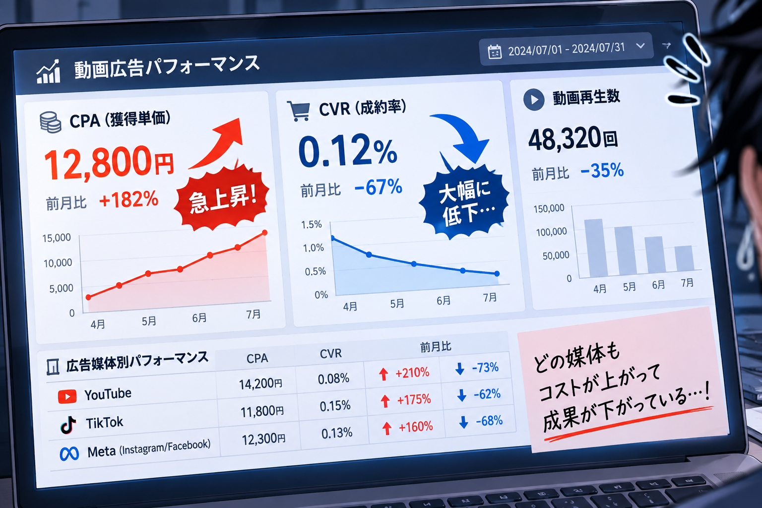 CPA急上昇・CVR大幅低下のパフォーマンスダッシュボード