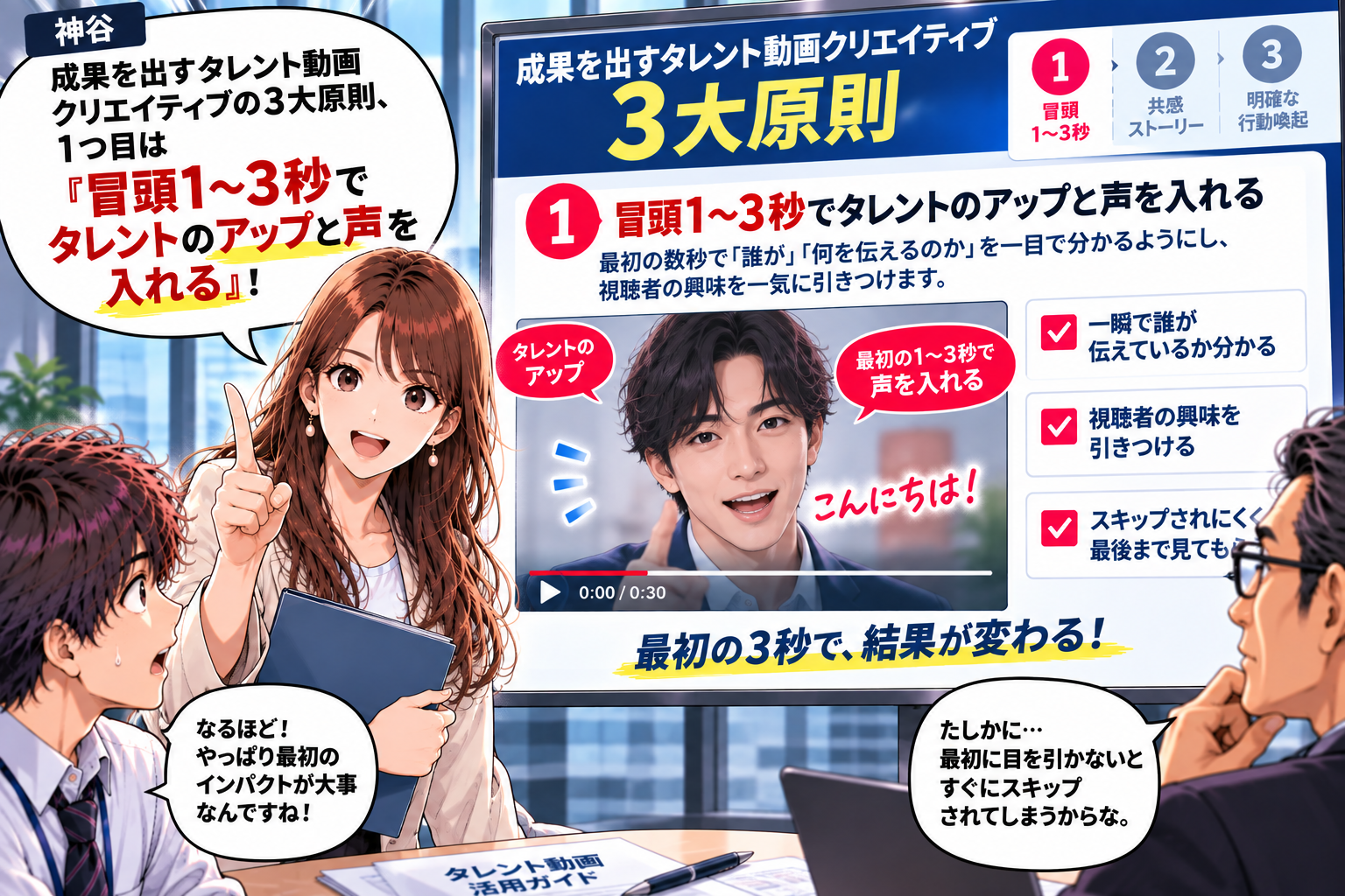 成果を出すタレント動画クリエイティブ3大原則・原則1：冒頭1〜3秒でアップと声を入れる