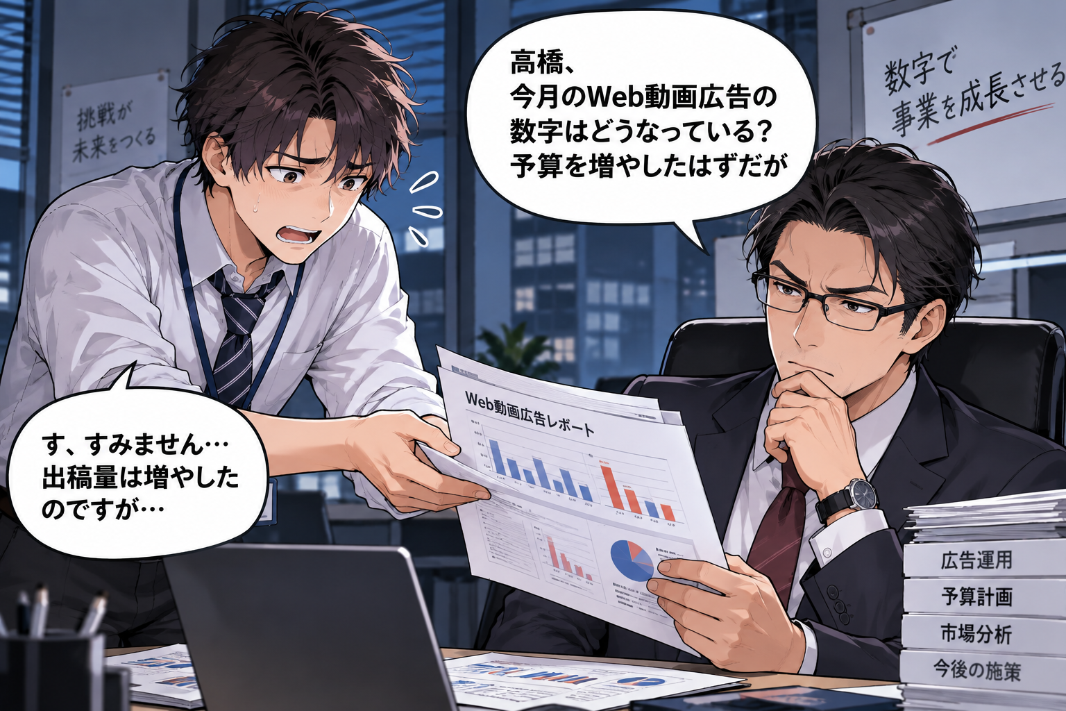 予算を増やしたのに数値が伸びず上司に報告する担当者