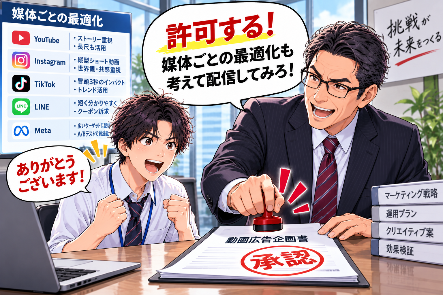 動画広告企画書に『許可する！』とハンコを押す佐々木部長