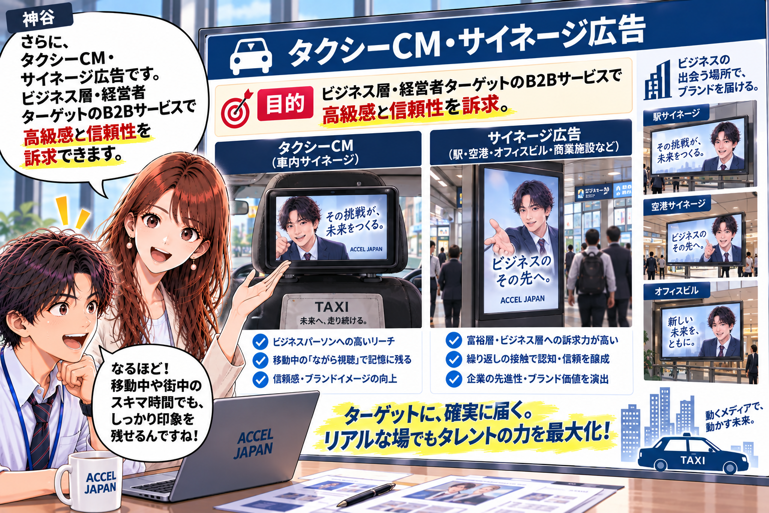タクシーCM・サイネージ広告でビジネス層・経営者ターゲットに高級感と信頼性を訴求
