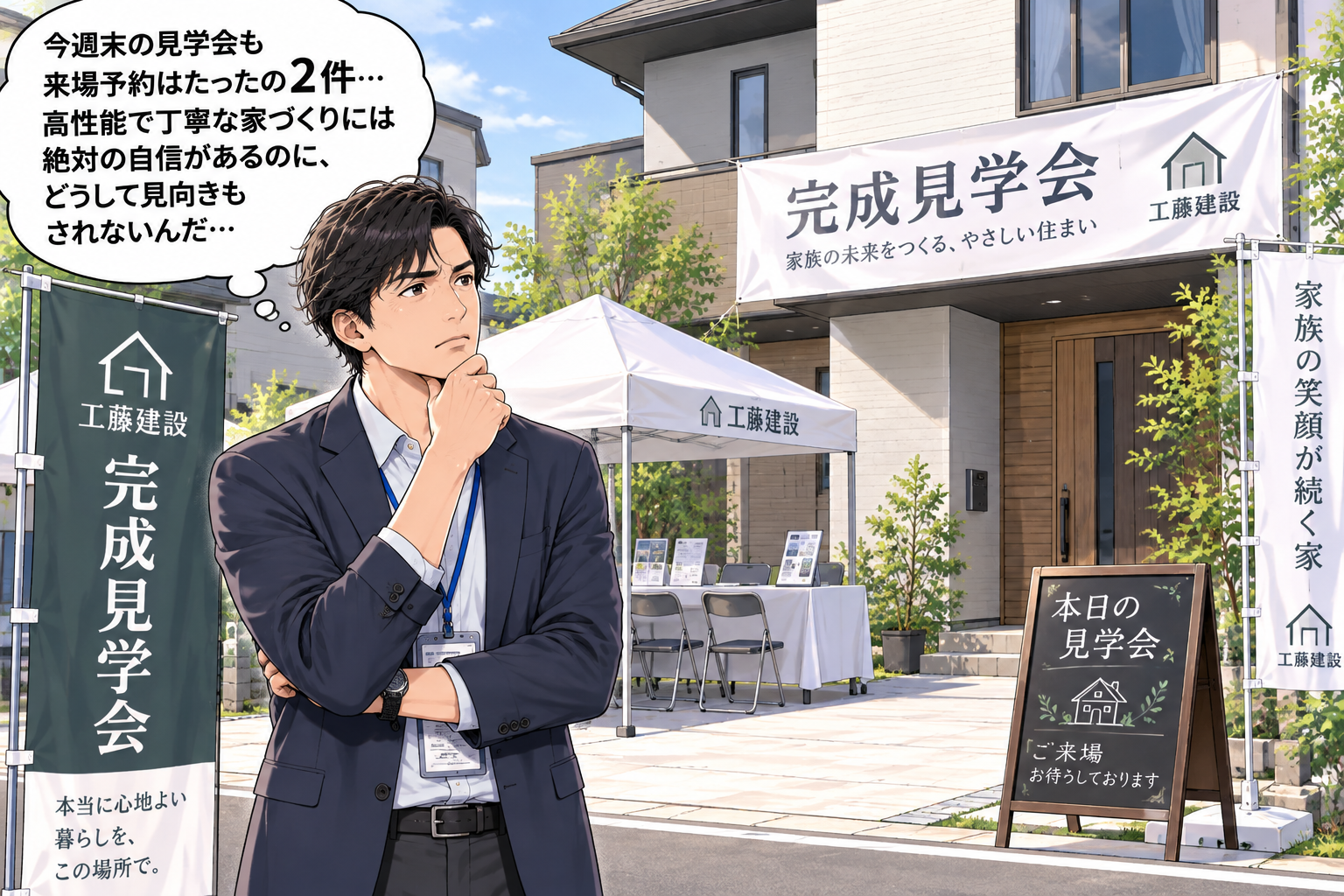 コマ1: 今週末の見学会も予約は2件…性能には絶対の自信があるのにどうして？