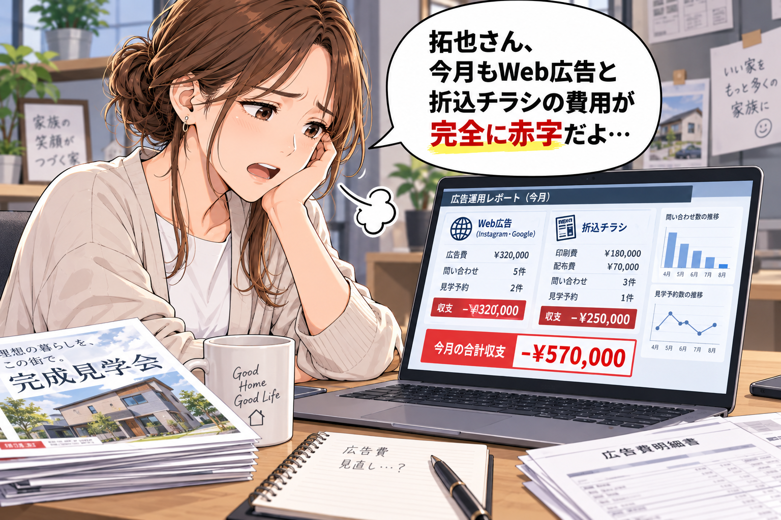 コマ2: Web広告と折込チラシの費用が完全に赤字だよ…