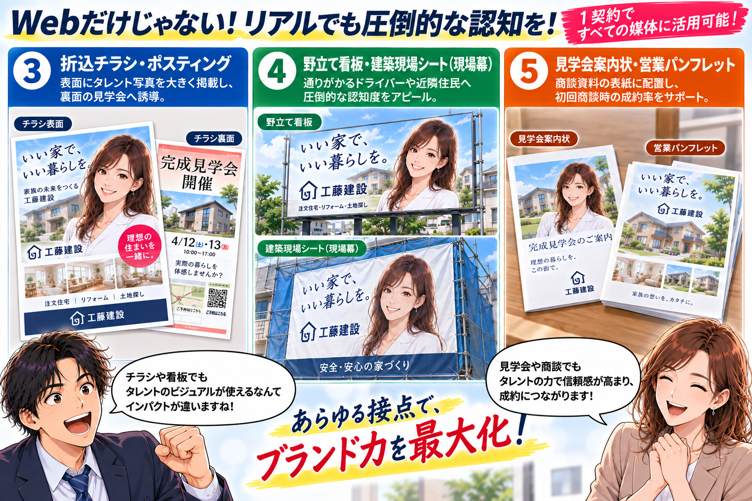 コマ21: 折込チラシ・野立て看板・現場幕・見学会案内状・パンフレットでのリアル活用
