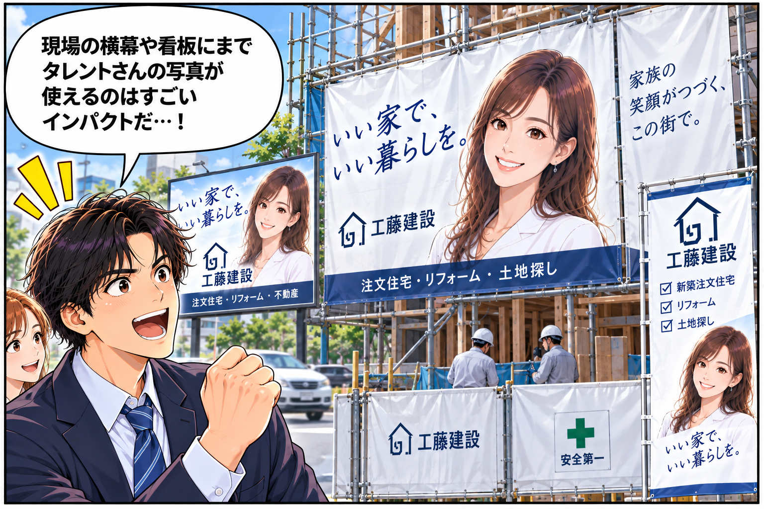 コマ22: 現場の横幕や看板にまでタレント写真が使えるインパクト