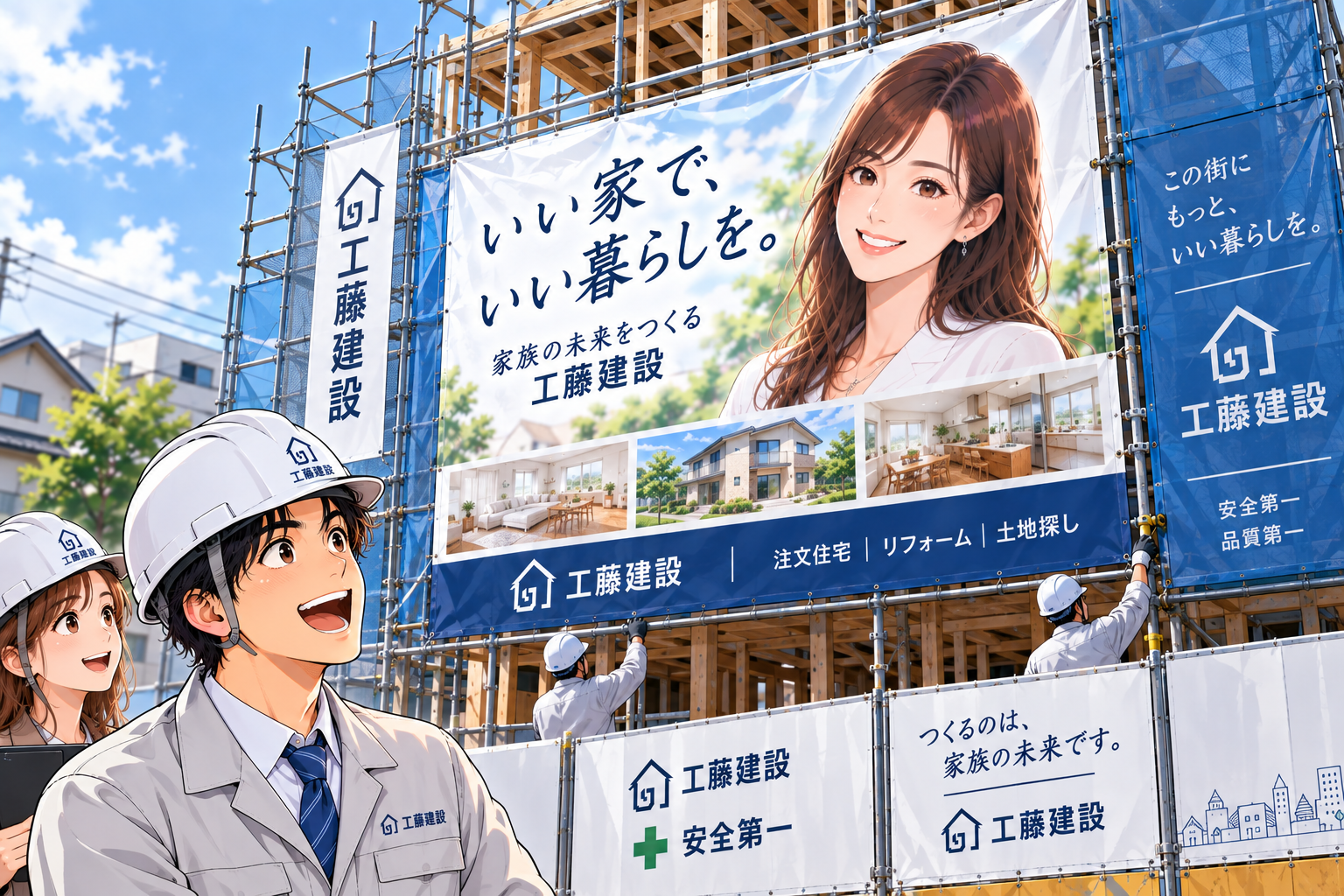 コマ26: 建築現場シートにドカンと設置されたタレント看板