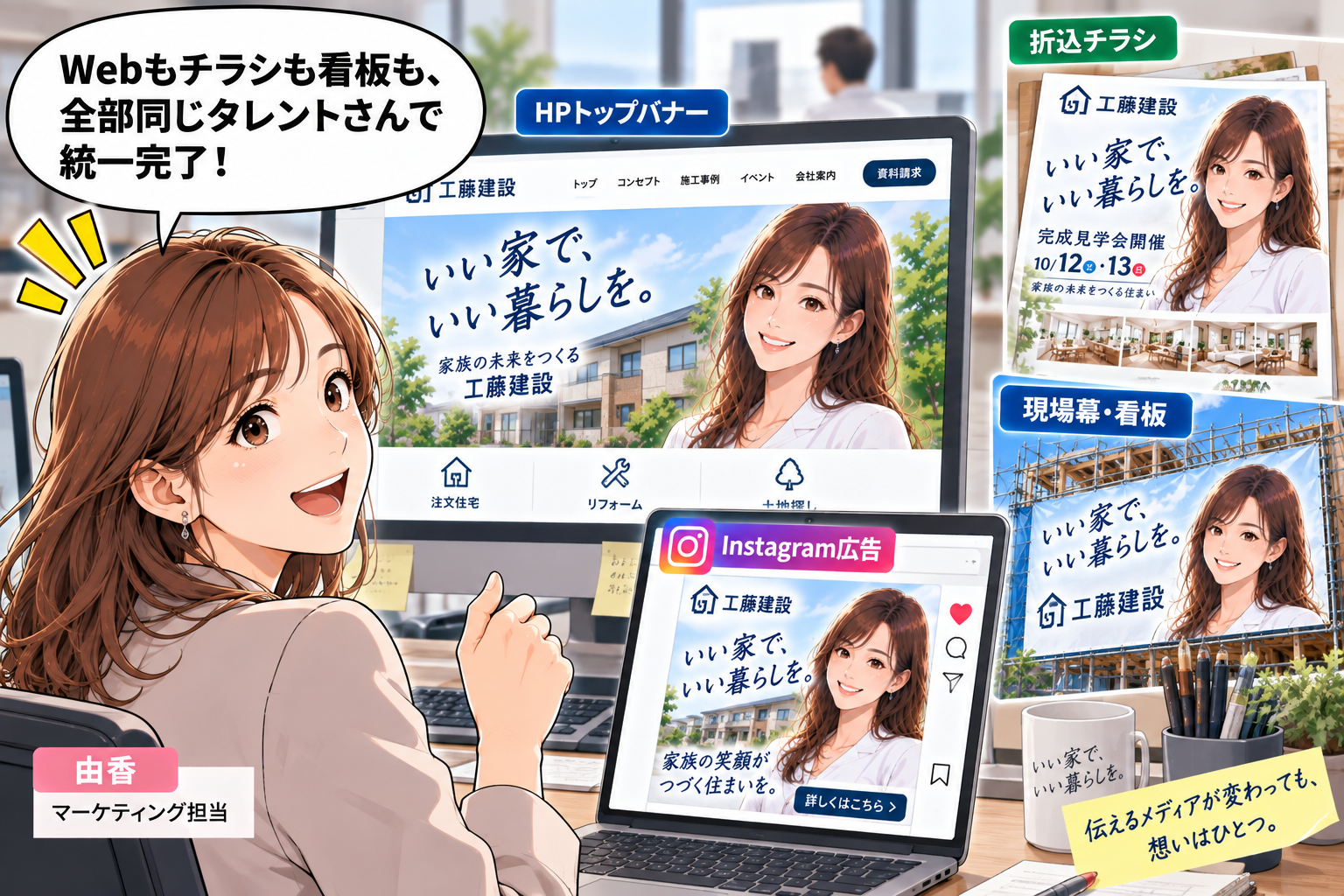 コマ27: Webもチラシも看板も全部同じタレントさんで統一完了！